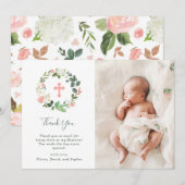 Carte De Remerciements Photo florale de baptême d'aquarelle de verdure et (Devant / Derrière)