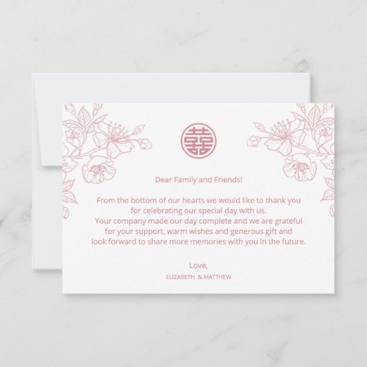 Carte De Remerciements Photo florale moderne Mariage chinois (Dos)