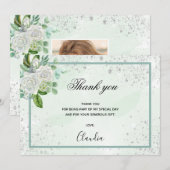 Carte de remerciements photo florale verte d'anniv (Devant / Derrière)