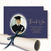 Carte De Remerciements Photo Graduation Marine Blue Gold Script Minimal