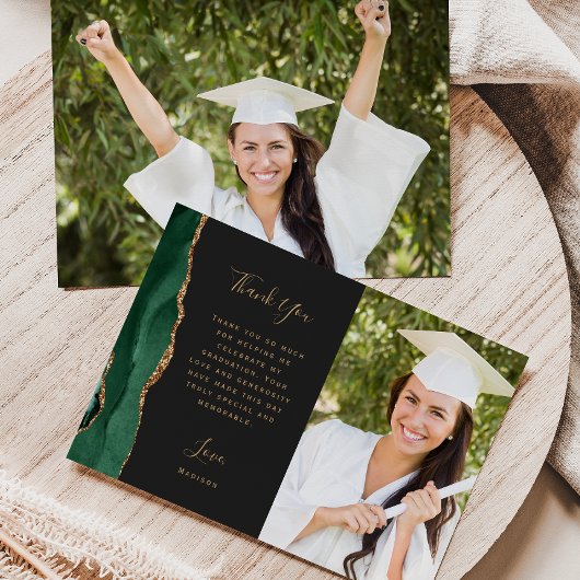Carte De Remerciements Photo Green Agate Gold Script Dark Graduation