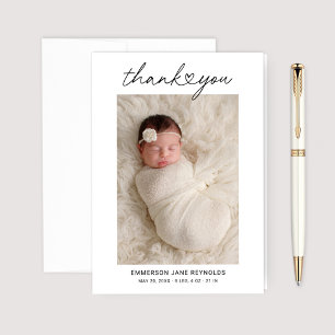 Carte De Remerciements Photo Heart moderne Script Custom Newborn Baby