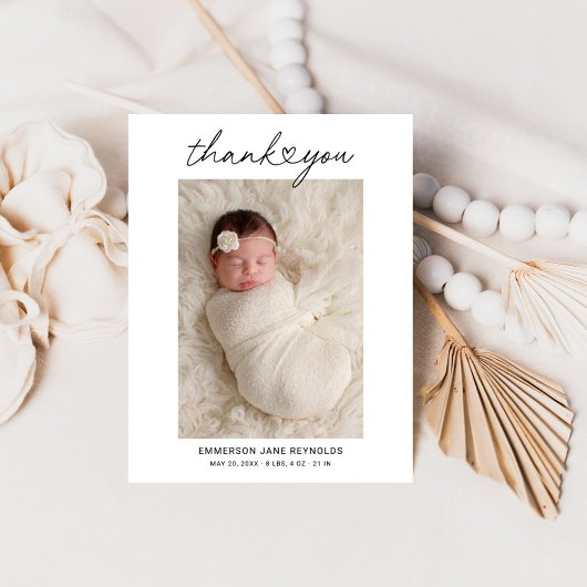 Carte De Remerciements Photo Heart moderne Script Custom Newborn Baby
