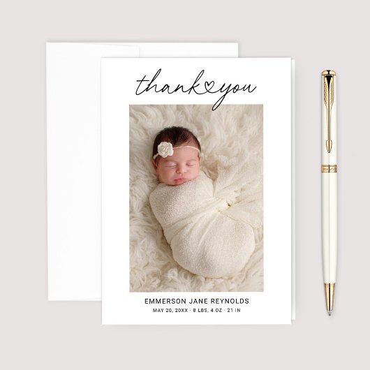Carte De Remerciements Photo Heart moderne Script Custom Newborn Baby