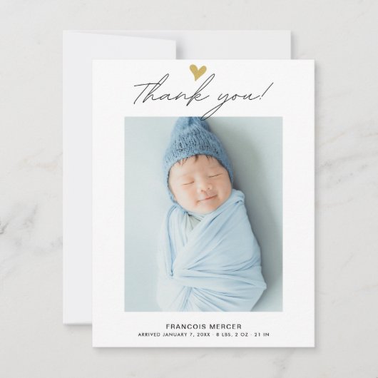 Carte De Remerciements Photo Heart moderne Script Custom Newborn Baby (Devant)