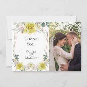 Carte De Remerciements Photo mariage   Aquarelle Fleurs de pivoines jaune