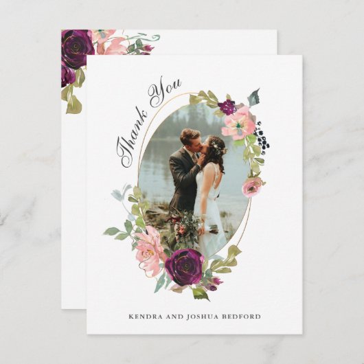 Carte De Remerciements Photo mariage avec cadre ovale bordeaux et bleu (Devant / Derrière)