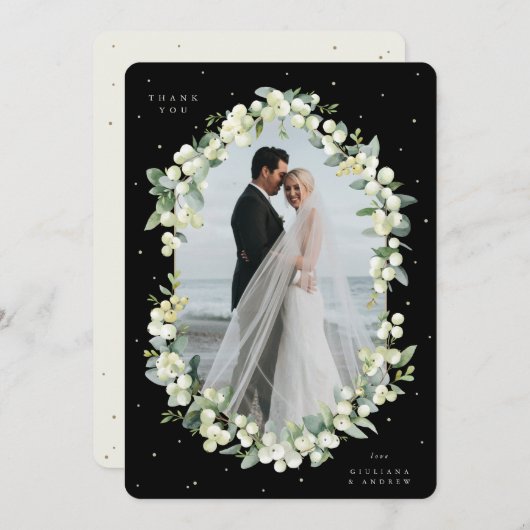Carte De Remerciements Photo Mariage Black/Cream Snowberry+Eucalyptus (Devant / Derrière)