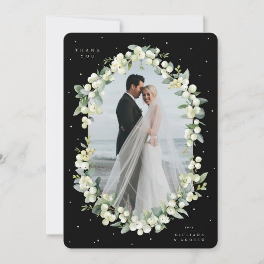 Carte De Remerciements Photo Mariage Black/Cream Snowberry+Eucalyptus (Devant)