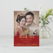Carte De Remerciements Photo mariage chinois à fleurs d'or rouge (Debout devant)