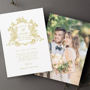 Carte De Remerciements Photo Mariage classique Floral Crest Gold