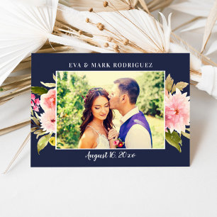 Carte De Remerciements Photo Mariage de la Marine rose aquarelle