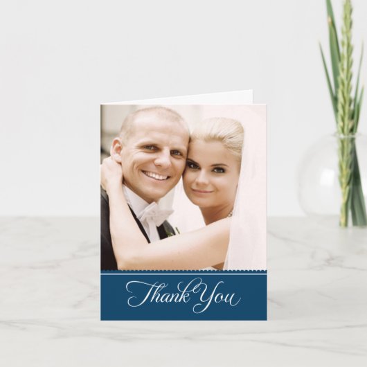 Carte De Remerciements Photo Mariage de l'Elegance Navy Blue Scalloped (Devant)