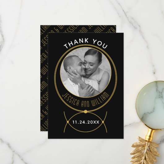 Carte De Remerciements Photo mariage d'inspiration bijouterie or (Devant/Arrière en situation)