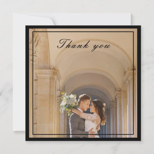 Carte De Remerciements Photo Mariage en ivoire noir et crème élégant (Devant)