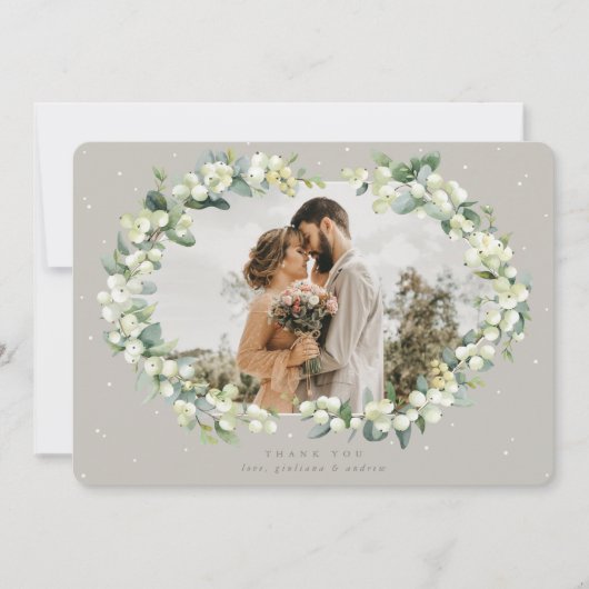 Carte De Remerciements Photo Mariage Greige/Crème Snowberry+Eucalyptus (Devant)
