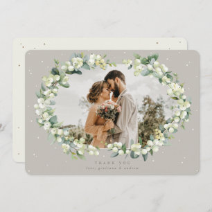 Carte De Remerciements Photo Mariage Greige/Crème Snowberry+Eucalyptus