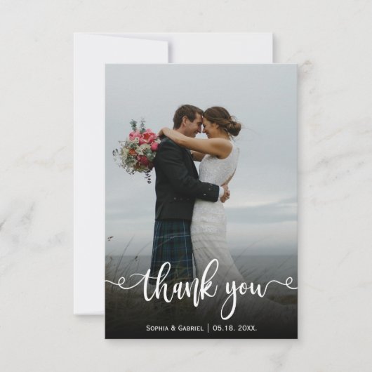 Carte de remerciements photo Mariage lettres main  (Devant)