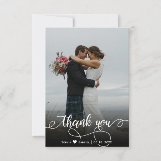 Carte de remerciements photo Mariage lettres main  (Devant)