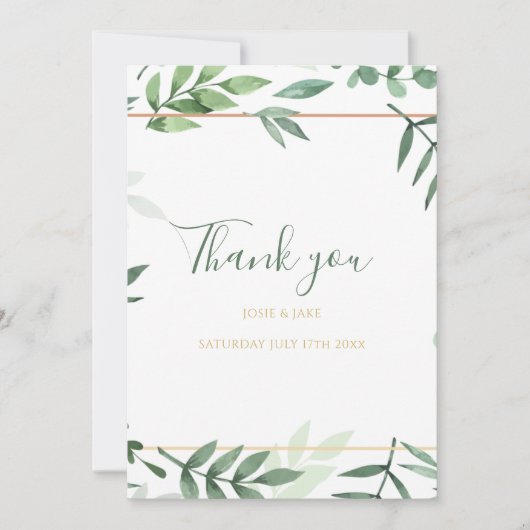 Carte De Remerciements photo mariage, mariage feuille vert (Devant)