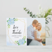 Carte De Remerciements Photo Mariage moderne géométrique Blue Hydrangea (Debout devant)