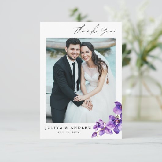 Carte de remerciements photo mariage orchidée viol (Debout devant)