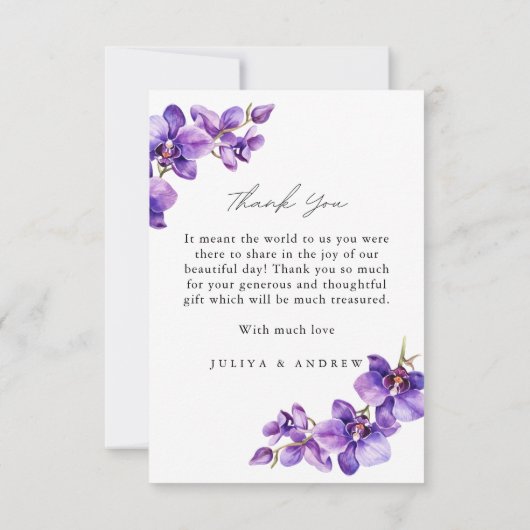 Carte de remerciements photo mariage orchidée viol (Dos)