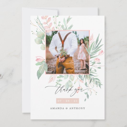 Carte De Remerciements Photo Mariage Pastel Blush rose et vert (Devant)