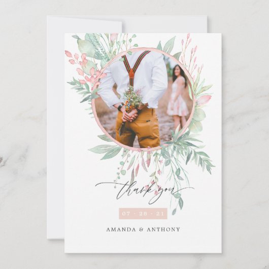 Carte De Remerciements Photo Mariage Pastel Blush rose et vert (Devant)