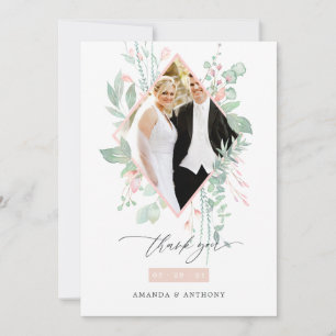 Carte De Remerciements Photo Mariage Pastel Blush rose et vert
