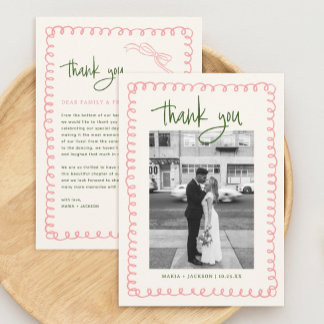 Carte De Remerciements Photo Mariage rose et vert dessinée à la main