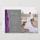 Carte De Remerciements Photo Mariage Script Gris Argent Agate Violet (Devant)