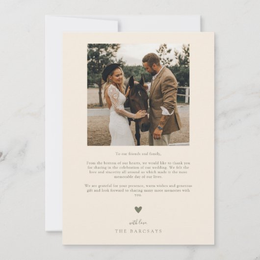 Carte De Remerciements Photo Mariage vert d'olive avec trait à main (Dos)