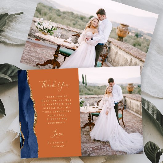 Carte De Remerciements Photo Marine Blue Agate Gold Script Rust Mariage