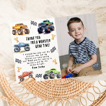 Carte De Remerciements Photo moderne | Camions Monster Enfants Fête d'ann<br><div class="desc">Attention à tous les petits fêtards ! Préparez-vous à réveiller le plaisir avec notre "BOOM, CLASH ITS A MONSTER TRUCK BASH" Birthday Kids Monster Car Trucks carte de remerciements. Orné d'adorables et vibrants camions de monstre, une photo, ce script de typographie moderne vous remercie de vous être joint à la...</div>