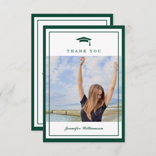 Carte De Remerciements Photo moderne Green Elegant Script Graduation (Devant / Derrière)