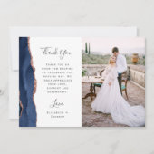 Carte De Remerciements Photo Navy Blue Rose Gold Agate Script Wedding (Devant)
