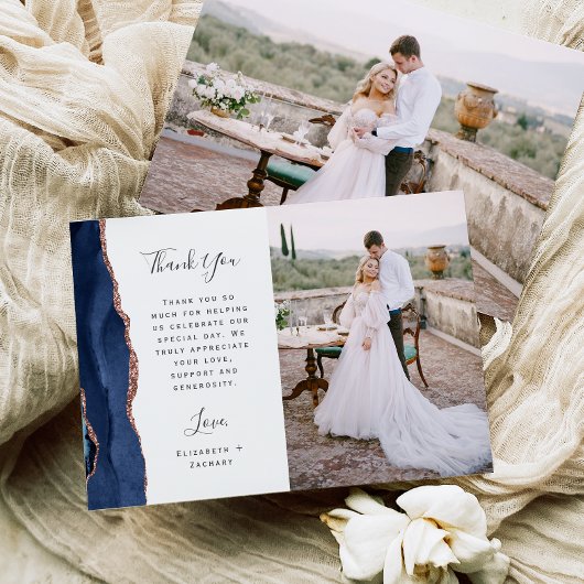 Carte De Remerciements Photo Navy Blue Rose Gold Agate Script Wedding