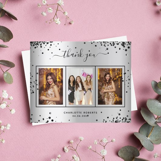 Carte de remerciements photo noir argent anniversa