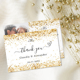 Carte De Remerciements Photo or blanc mariage élégant