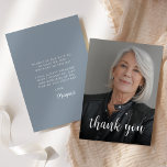 Carte De Remerciements Photo personnalisée Dusty Blue 70th Birthday Party<br><div class="desc">L'avant de cette invitation à 70ème anniversaire présente la photo de l'invité d'honneur avec les mots "merci" dans l'élégante écriture de calligraphie blanche superposée. Un écran sombre permet de faire apparaître le texte. Customisez l'envers avec votre message personnel en police blanche sans serif et votre nom en script sur un...</div>