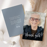 Carte De Remerciements Photo personnalisée Dusty Blue 90th Birthday Party<br><div class="desc">La première de cette invitation à 90ème anniversaire présente la photo de l'invité d'honneur avec les mots "merci" dans l'élégante écriture de calligraphie blanche superposée. Un écran sombre permet de faire apparaître le texte. Customisez l'envers avec votre message personnel en police blanche sans serif et votre nom en script sur...</div>