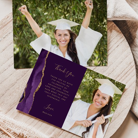 Carte De Remerciements Photo Purple Agate Gold Script Plum Graduation