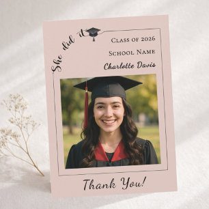 Carte De Remerciements Photo rose moderne neutre Diplômée elle a réussi