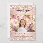 carte de remerciements photo rose or première comm (Devant)