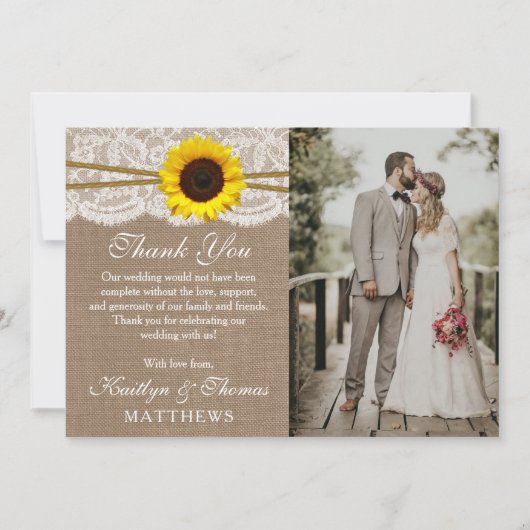 Carte De Remerciements Photo Rustic Sunflower Collection Mariage (Devant)