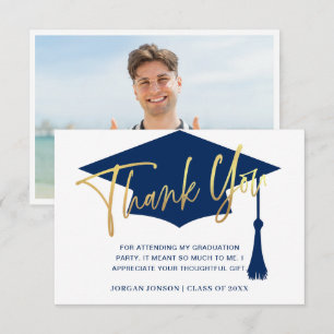 Carte De Remerciements PHOTO simple moderne Golden Navy Graduation