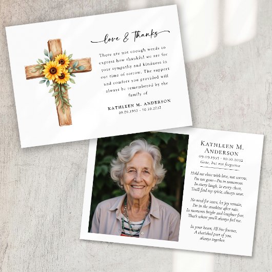 Carte De Remerciements Photo Sunflower Cross Script Funérailles