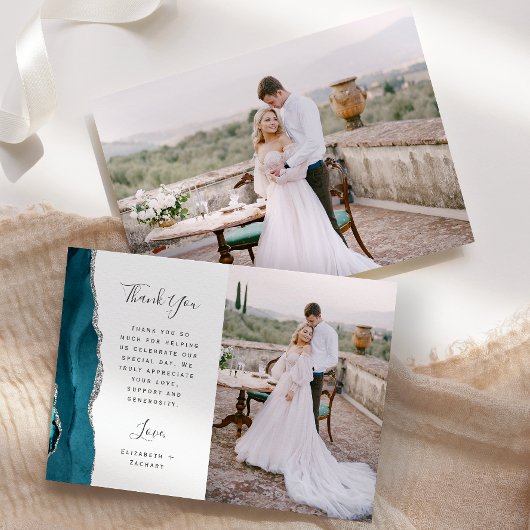 Carte De Remerciements Photo Teal Blue Agate Silver Script Wedding