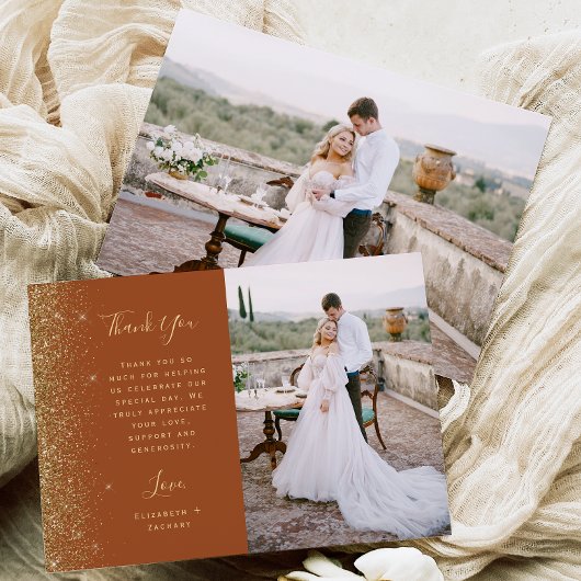 Carte De Remerciements Photo Terracotta Gold Glitter Script Wedding
